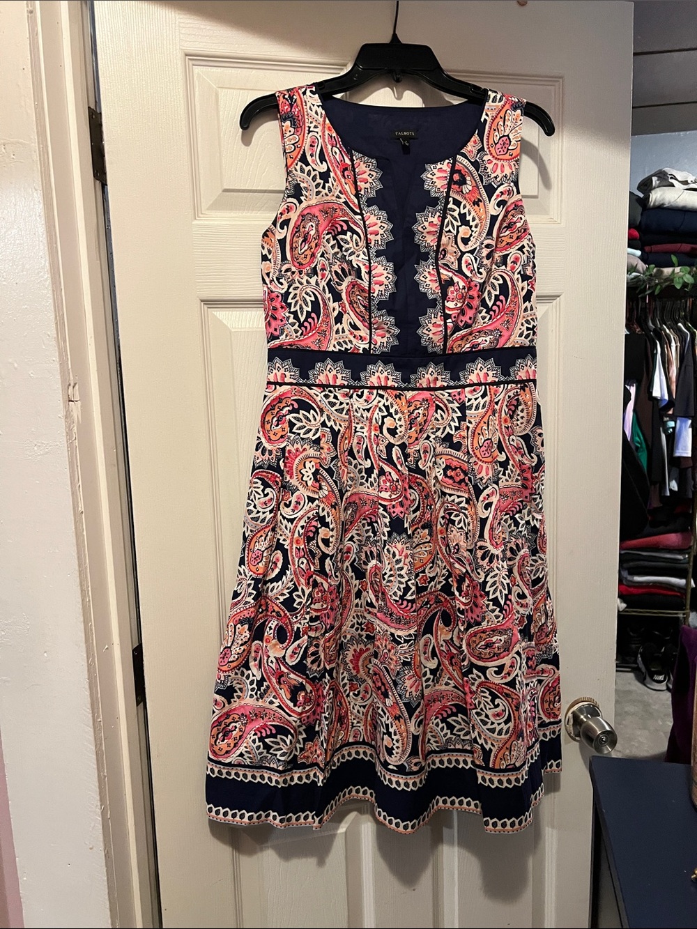 Sleeveless Navy Paisley Print A-Line Dress